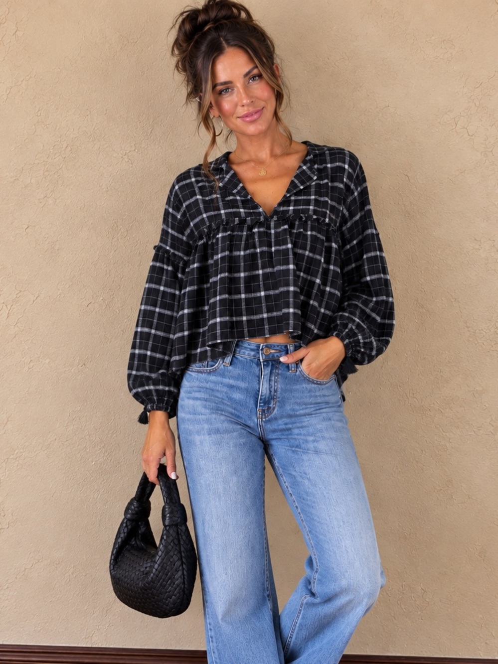 Day + Moon Black & White Plaid Ruffle V-Neck Blouse – Size M – NWT